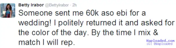 Betty Irabor politely turns down a N60k asoebi...with a good reason